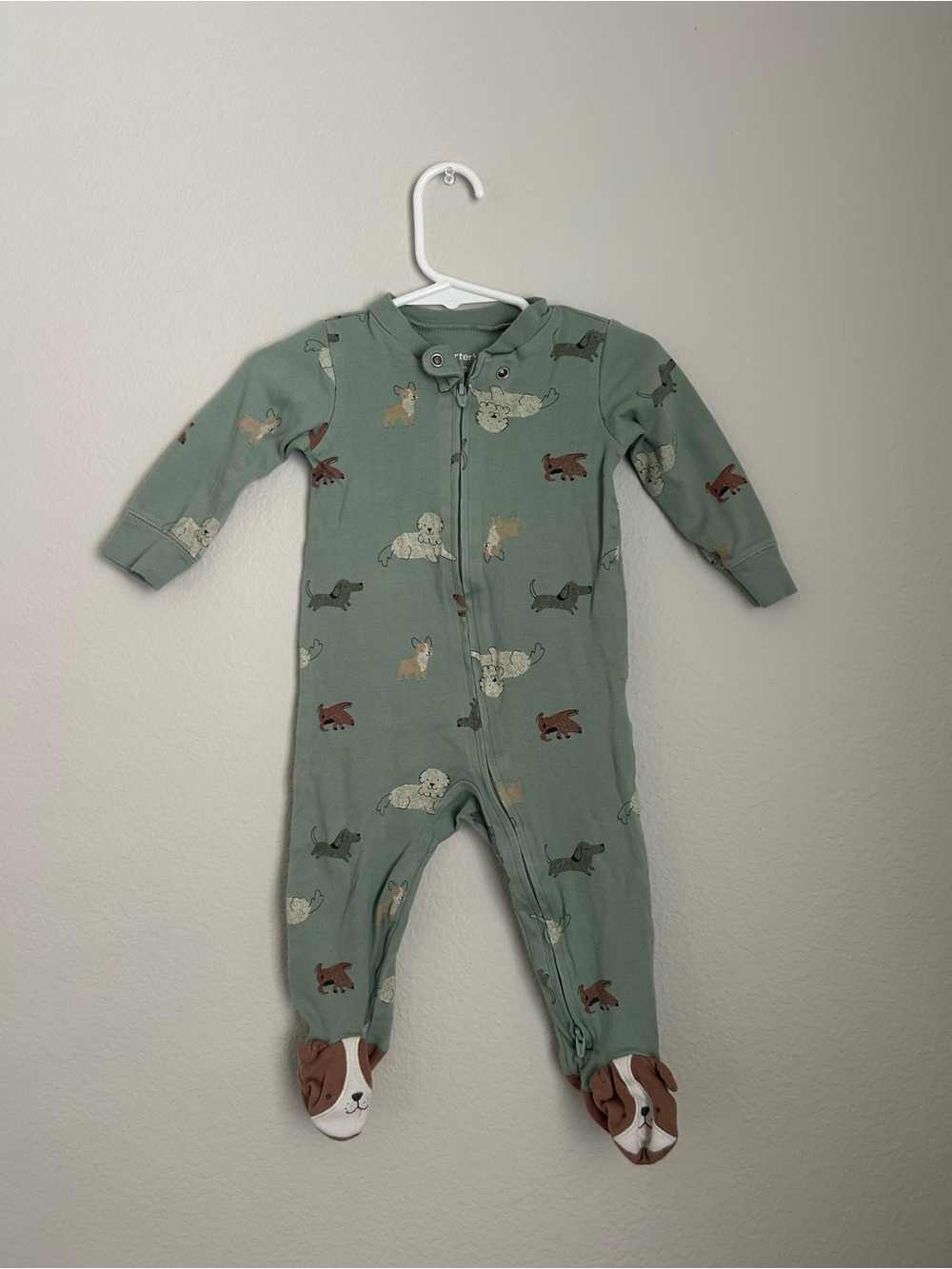 Carter's Sage Green Dog-Print Footed One-Piece